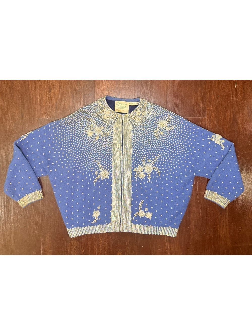 Vintage McMullen Lord & Taylor Blue Beaded Angora Lambswool Cardigan Hong Kong
